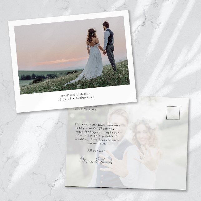 Minimalist 2 Photo Calligraphy Wedding Thank You Postcard (Creator Uploaded)