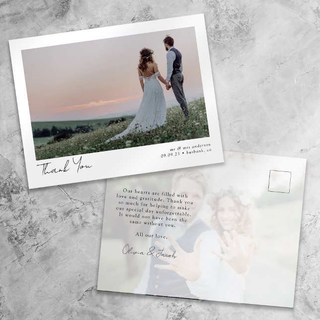 Minimalist 2 Photo Calligraphy Wedding Thank You Postcard (Creator Uploaded)