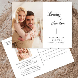 Minimalist 2 Photo Modern Script Save The Date Postcard