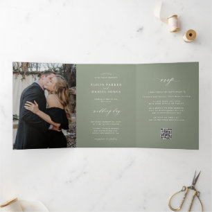 Minimalist 2 photo sage green wedding RSVP QR Tri-Fold Invitation