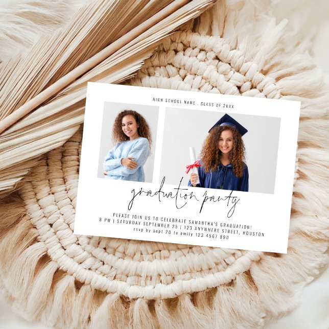 Minimalist 2 Photo Script Graduation Party Invitation (front view)