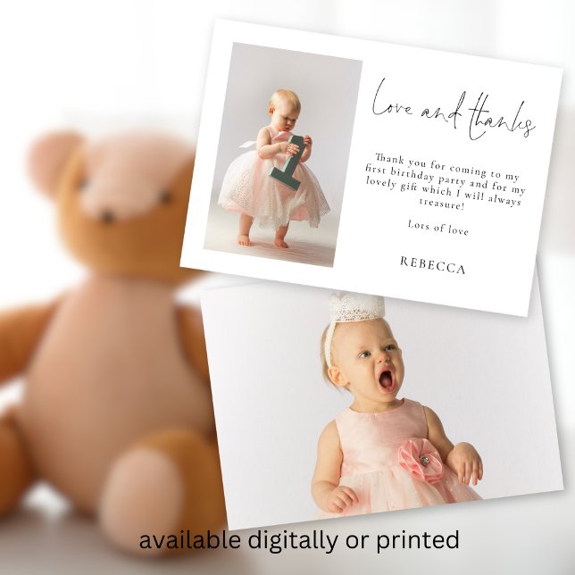 Minimalist 2 Photos 1st Birthday Love and Thanks Card (Front and back view. Available digitally and printed)