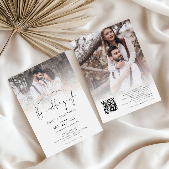 Minimalist 2 Photos Overlay QR Code Wedding  Invitation (Front and back view)
