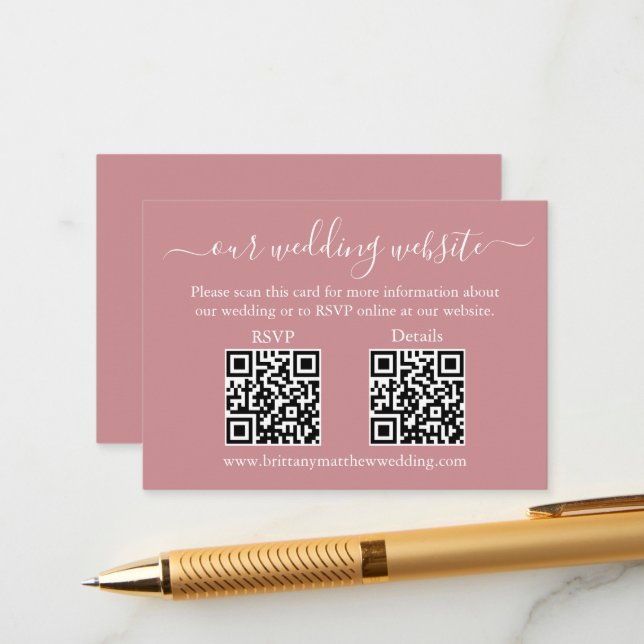 Minimalist 2 QR Wedding RSVP Details Dusty Rose Enclosure Card (Front/Back In Situ)