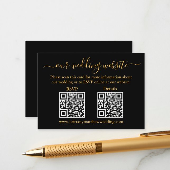 Minimalist 2 QR Wedding RSVP Details Gold Black Enclosure Card (Front/Back In Situ)