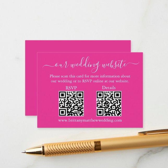 Minimalist 2 QR Wedding RSVP Details Hot Pink Enclosure Card (Front/Back In Situ)