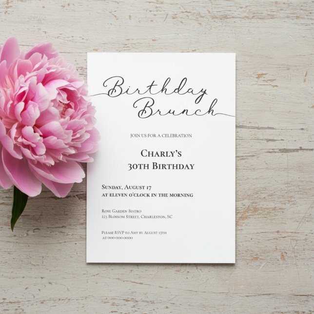 Minimalist 30th Birthday Brunch Invitation (Birthday brunch invitation with blush pink peony on rustic wood background.)