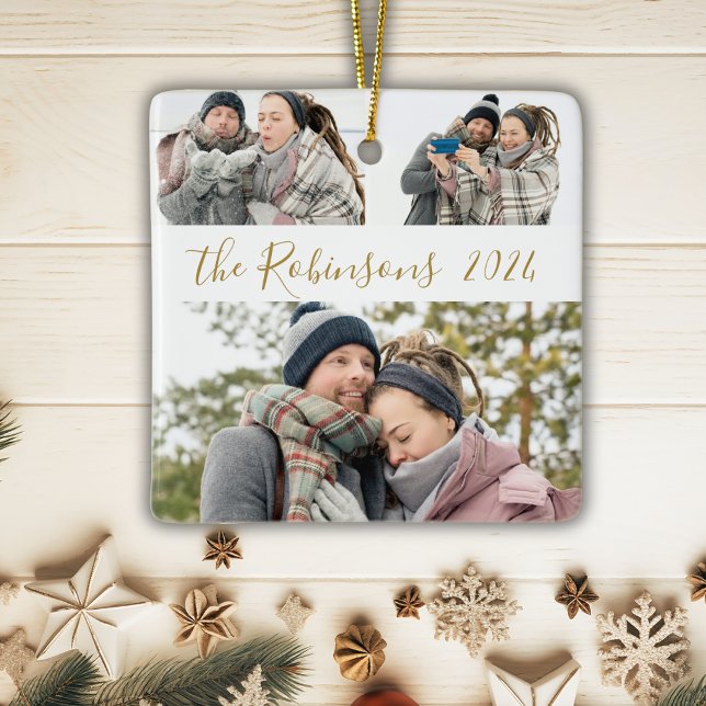 Minimalist 3 Couple Photo Collage Christmas  Ceramic Ornament (Creator Uploaded)