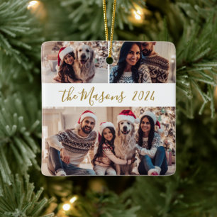 Minimalist 3 Family Photo Collage Christmas  Ceramic Ornament