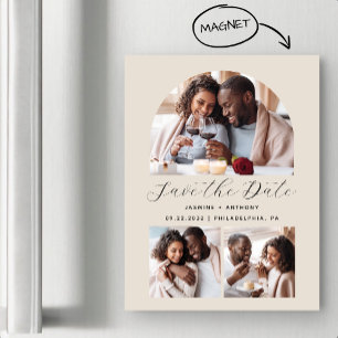 Minimalist 3-Photo Arch Beige Magnetic Invitation