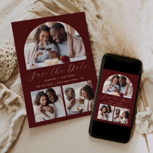 Minimalist 3-Photo Arch Collage Burgundy Gold Save The Date