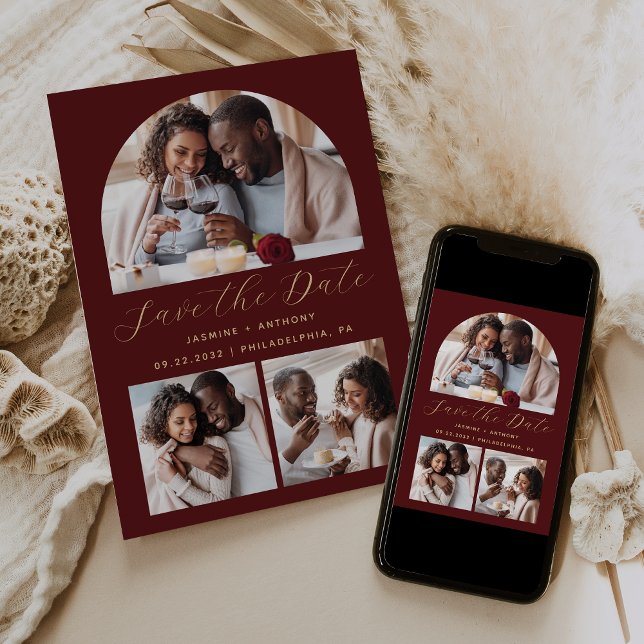 Minimalist 3-Photo Arch Collage Burgundy Gold Save The Date (Creator Uploaded)