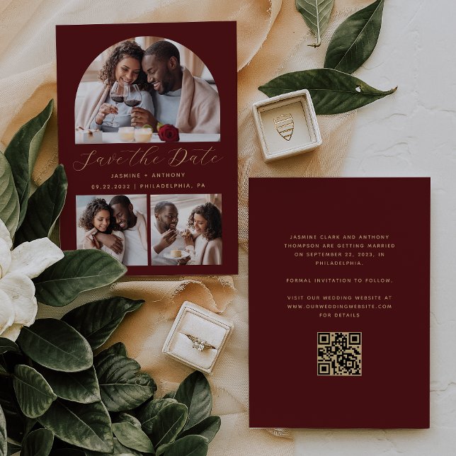 Minimalist 3-Photo Arch QR Code Burgundy Gold Save The Date (Creator Uploaded)