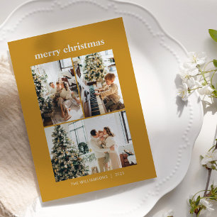 Minimalist 3 Photo Collage Merry Christmas Yellow Holiday Card