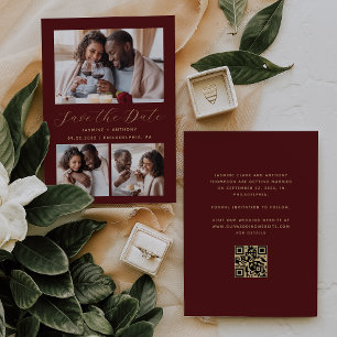 Minimalist 3-Photo Collage QR Code Burgundy Gold Save The Date