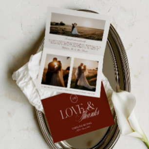 Minimalist 3 Photo Deep Terracotta Folded Wedding Thank You Card