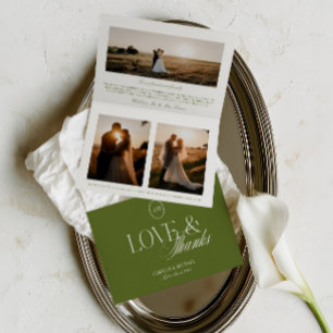 Minimalist 3 Photo Olive Green Folded Wedding Thank You Card