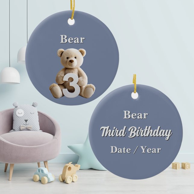 Minimalist 3rd Birthday Blue Teddy Bear Keepsake Ceramic Ornament (Preschooler 3rd Birthday keepsake name date year and special occasion cute boy teddy bear ornament)