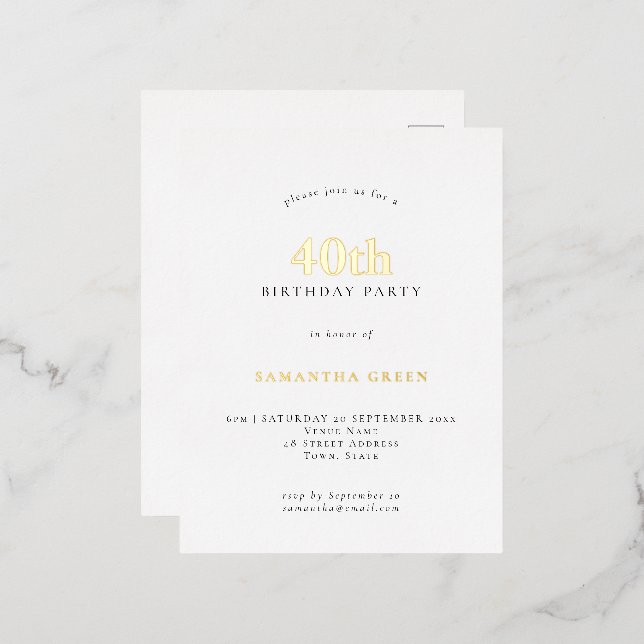 Minimalist 40th Birthday Party Glam Real  Foil Invitation Postcard (Front/Back)
