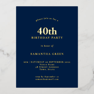 Minimalist 40th Birthday Party Navy Blue Glam Foil Invitation Postcard