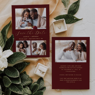 Minimalist 4-Photo Burgundy Gold Save The Date