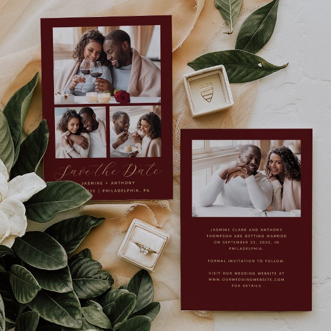 Minimalist 4-Photo Burgundy Gold Save The Date (Creator Uploaded)