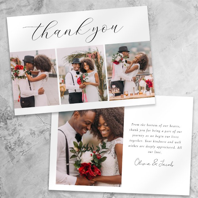 Minimalist 4 Photo Calligraphy Wedding  Thank You Card (Creator Uploaded)