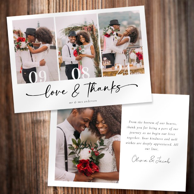 Minimalist 4 Photo Calligraphy Wedding  Thank You Card (Creator Uploaded)
