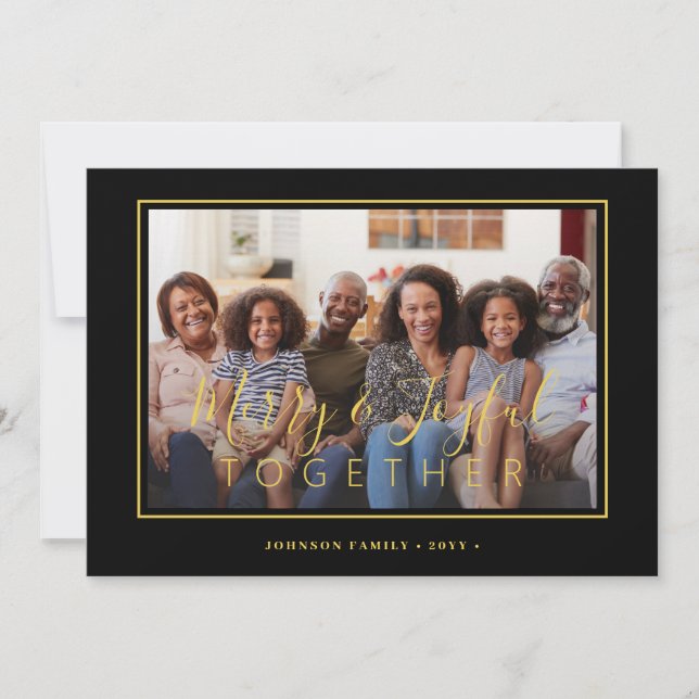 Minimalist 4 photo collage gold black Christmas Holiday Card (Front)