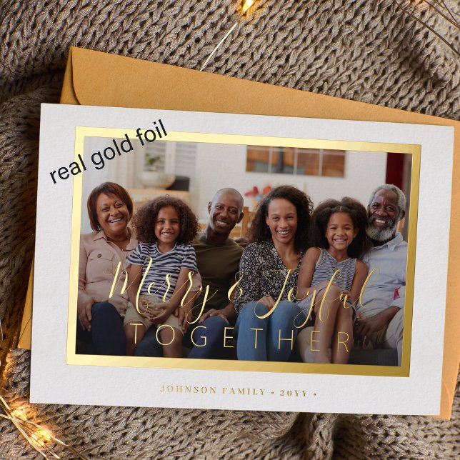 Minimalist 4 photo collage gold script Christmas Foil Holiday Card (Creator Uploaded)