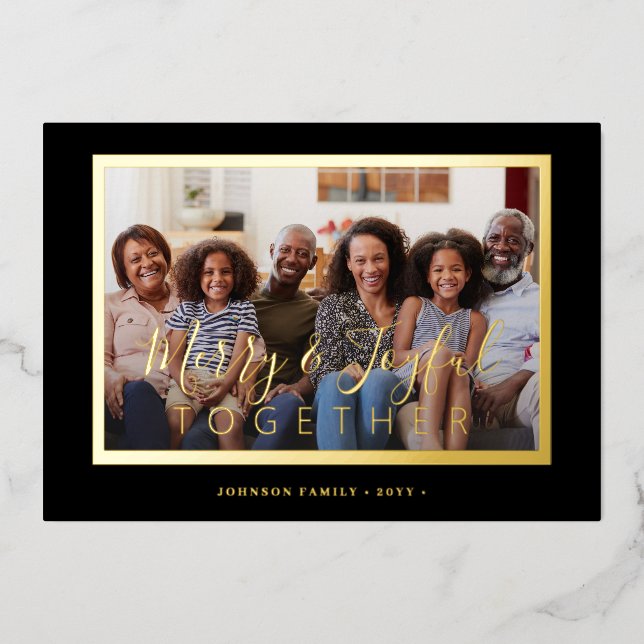 Minimalist 4 photo collage gold script Christmas Foil Holiday Card (Front)