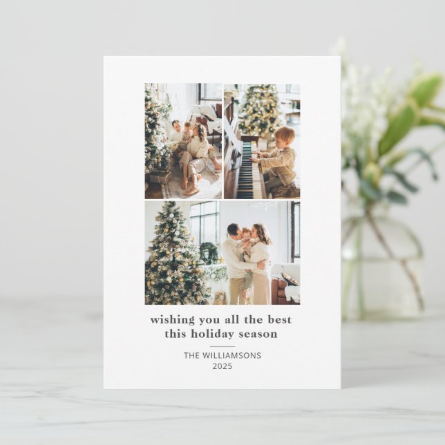 Minimalist 4 Photo Collage Modern Typography Holiday Card (Standing Front)