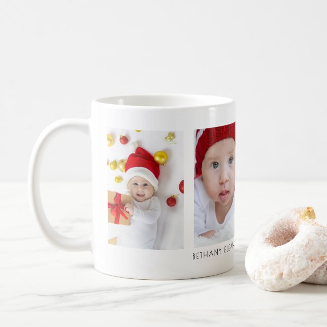 Minimalist 4 Photos Baby Name and Year Coffee Mug (With Donut)
