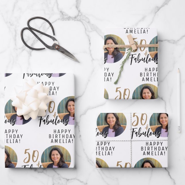 Minimalist 50 and Fabulous Photo 50th Birthday Wrapping Paper Sheet (Front)
