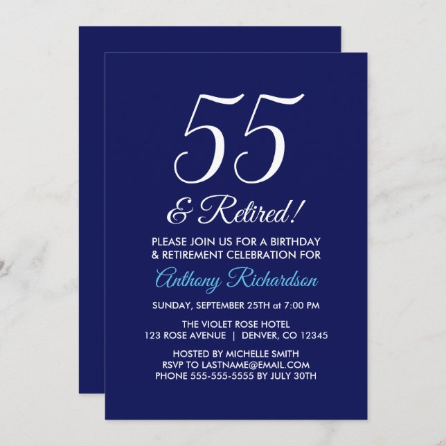 Minimalist 55 and Retired Dark Purple Retirement Invitation (Front/Back)