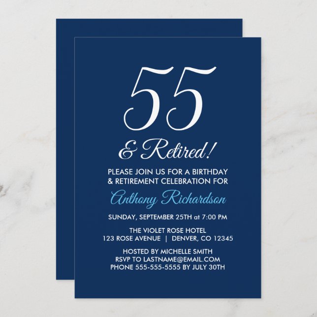Minimalist 55 and Retired Navy Blue Retirement Invitation (Front/Back)