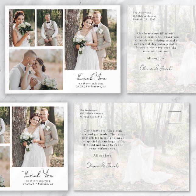Minimalist 5 Photo Calligraphy Wedding Thank You Postcard (Creator Uploaded)