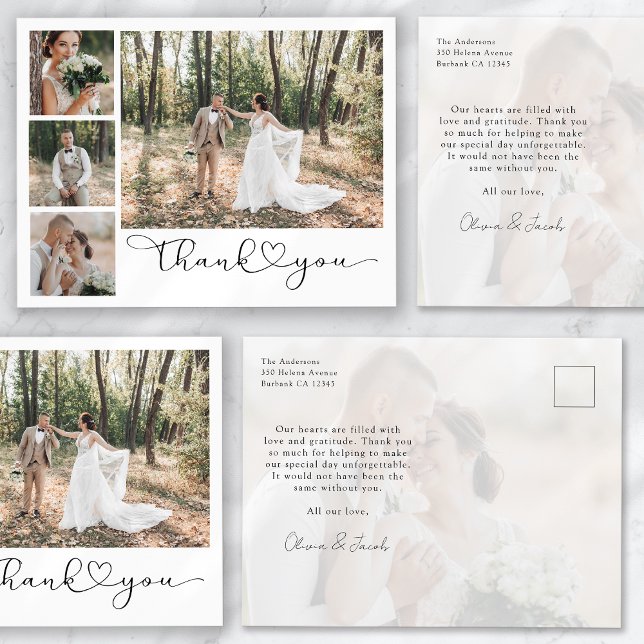 Minimalist 5 Photo Calligraphy Wedding Thank You Postcard (Creator Uploaded)