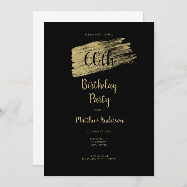 Minimalist 60th Gold Black Birthday Invitation (Front/Back)