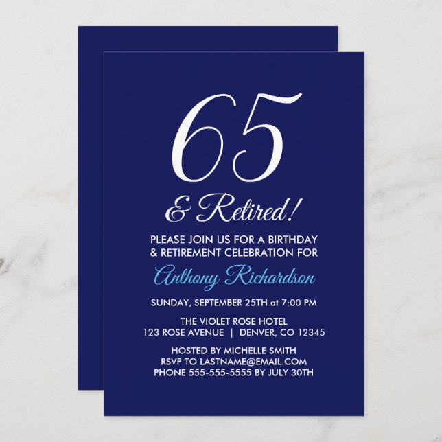Minimalist 65 and Retired Dark Purple Retirement Invitation (Front/Back)