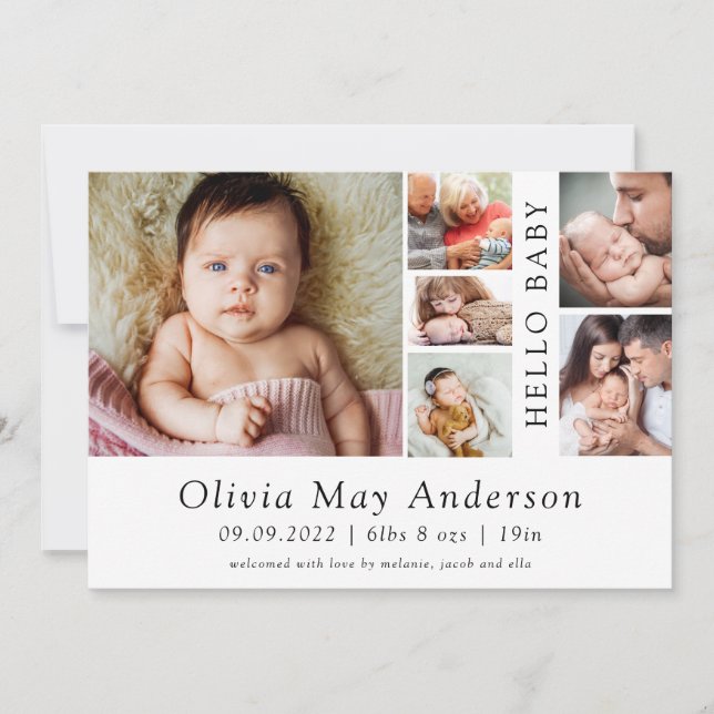 Minimalist 6 Photo Hello Baby Birth Announcement  (Front)
