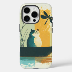 Minimalist Abstract Lake Chubby White Cat Canoe iPhone 16 Pro Case