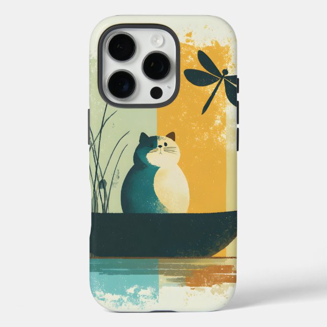 Minimalist Abstract Lake Chubby White Cat Canoe Case-Mate iPhone Case (Back)
