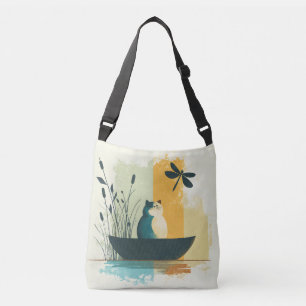 Minimalist Abstract Lake Chubby White Cat Canoe Crossbody Bag