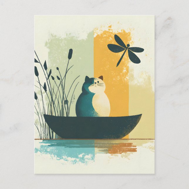 Minimalist Abstract Lake Chubby White Cat Canoe Holiday Postcard (Front)