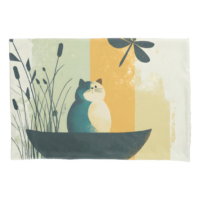 Minimalist Abstract Lake Chubby White Cat Canoe Pillowcase (Front)