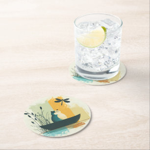 Minimalist Abstract Lake Chubby White Cat Canoe Round Paper Coaster