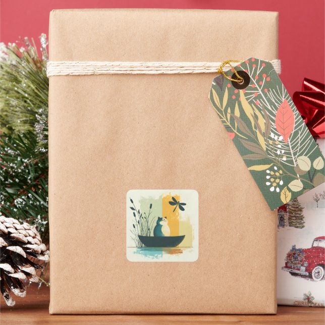 Minimalist Abstract Lake Chubby White Cat Canoe Square Sticker (Holiday)