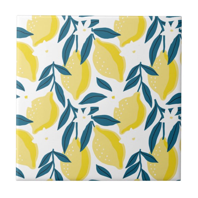 Minimalist Abstract Yellow Lemons and Teal Leaves Ceramic Tile (Front)