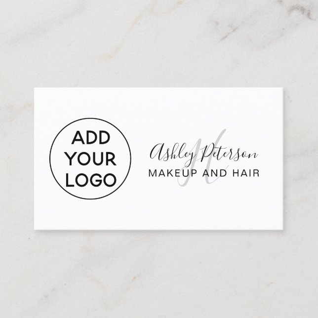 Minimalist add your logo black white monogram hair business card (Front)